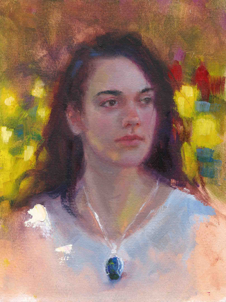 Realistic oil portrait painting of young woman with dark wearing white dress and blue pendant with tulips in garden painting by Oregon artist Talya Johnson.