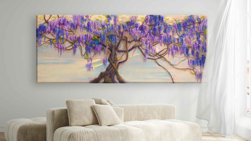 Large canvas print wall art of wisteria in bloom in beige room