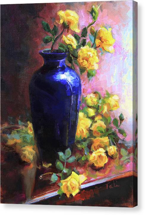 Persian Cobalt - yellow roses in cobalt vase - Canvas Print