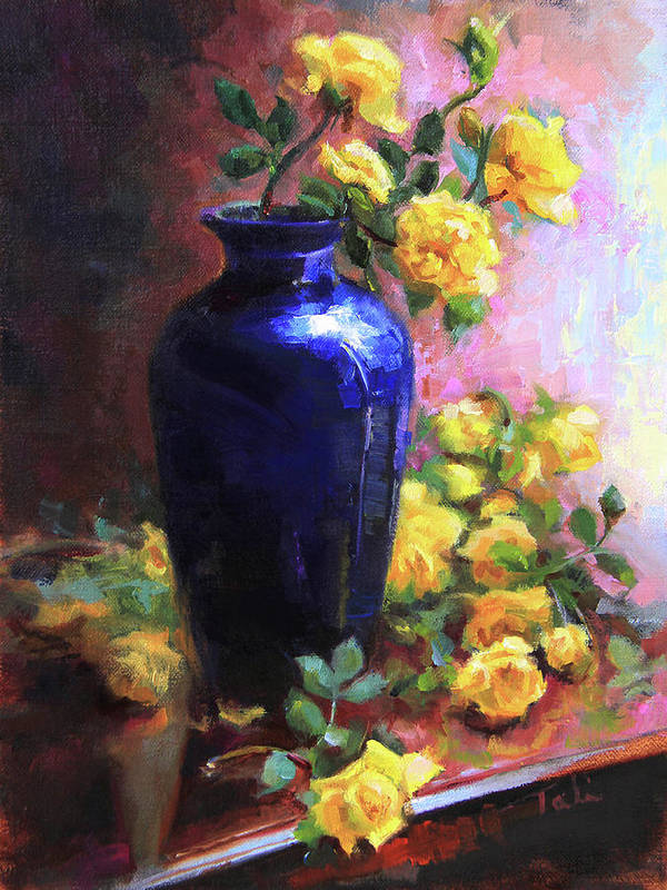 Persian Cobalt - yellow roses in cobalt vase - Art Print