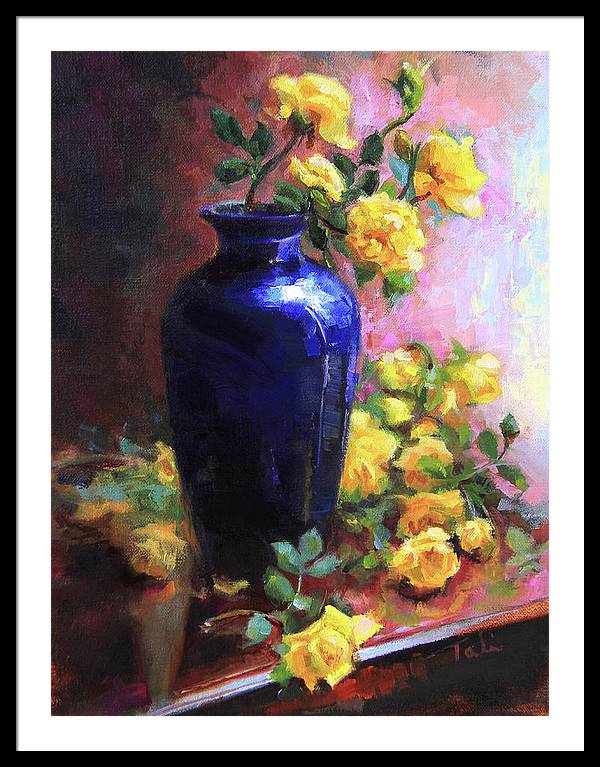 Persian Cobalt - yellow roses in cobalt vase - Framed Print