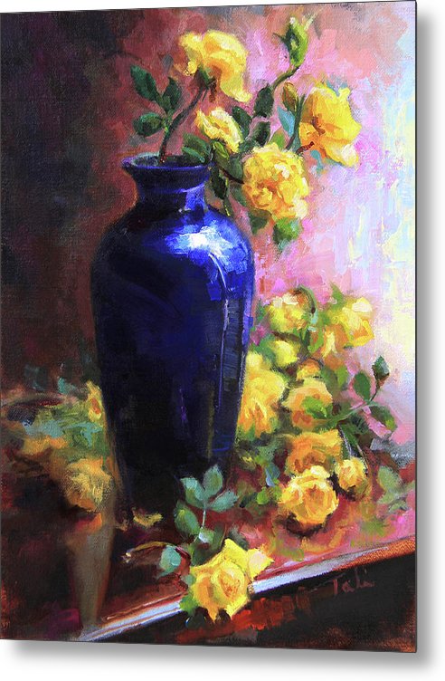 Persian Cobalt - yellow roses in cobalt vase - Metal Print