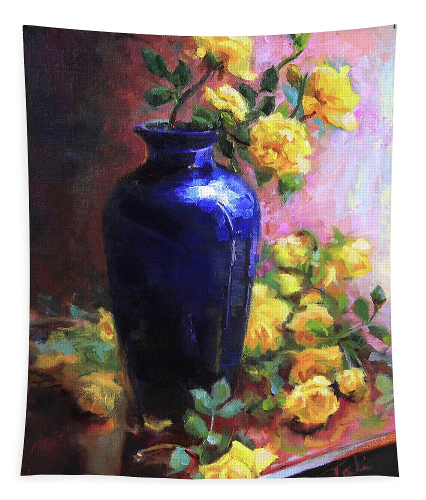 Persian Cobalt - yellow roses in cobalt vase - Tapestry