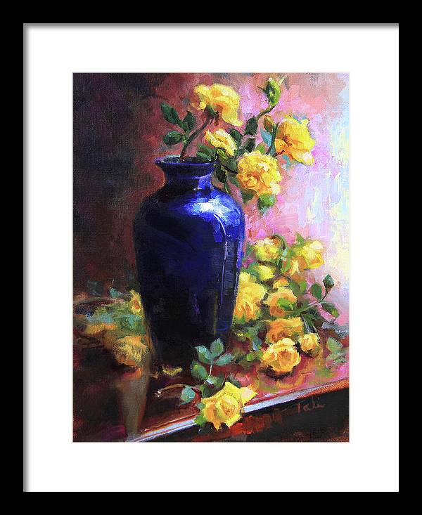 Persian Cobalt - yellow roses in cobalt vase - Framed Print