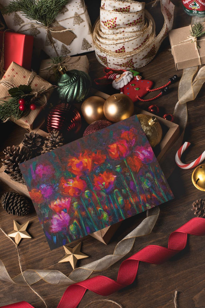 Christmas winter holiday mockup floral greeting card featuring fiery red poppy flowers by talya johnson