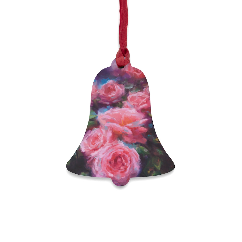Out of Dust - pink roses - Wooden Bell Christmas Ornaments