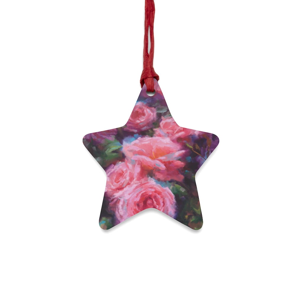 Out of Dust - pink roses - Wooden Star Christmas Ornaments