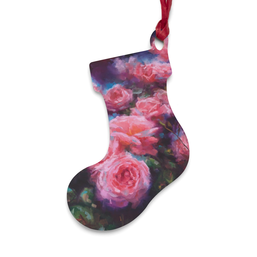 Out of Dust - pink roses - Stocking Wooden Christmas Ornaments
