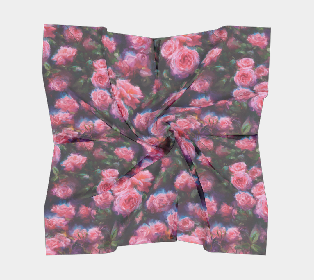 photo of Pink Roses Floral Pattern 100% Silk Charmeuse | Silk Modal | Poly Chiffon | Satin | Square Scarf Wrap Shawl