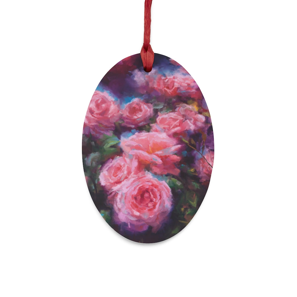 Out of Dust - pink roses - Oval Wooden Christmas Ornaments