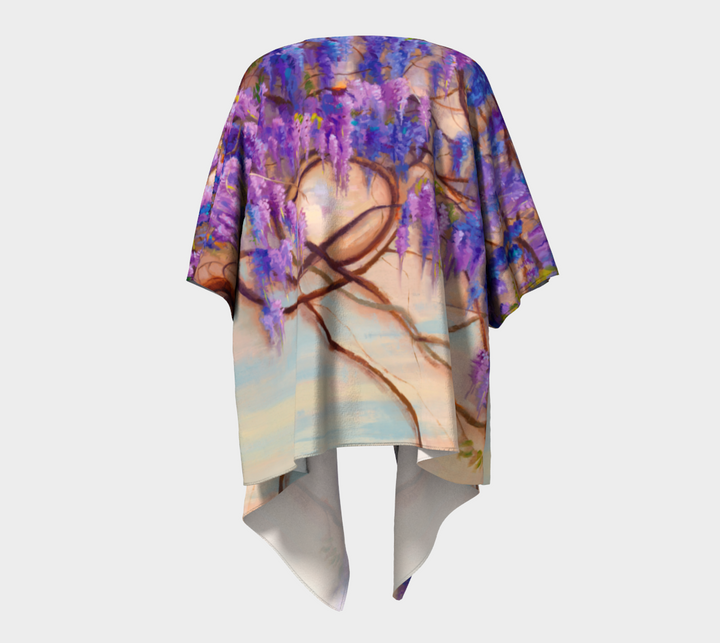 mockup of Wisteria Floral Draped Kimono Shawl Lightweight Ruana Cover Up Loungewear in Silk or Chiffon | Boho Aesthetic
