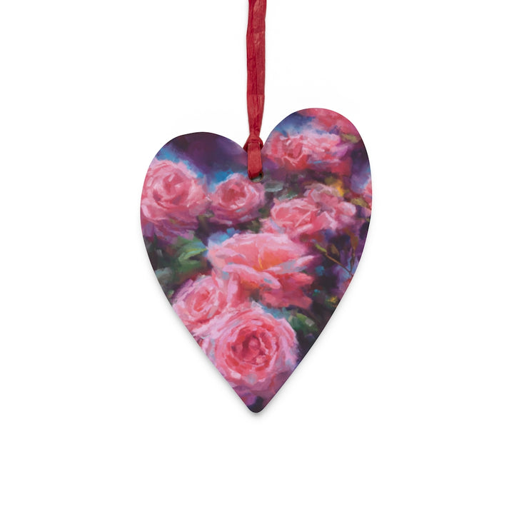 Out of Dust - pink roses - Heart Wooden Christmas Ornaments