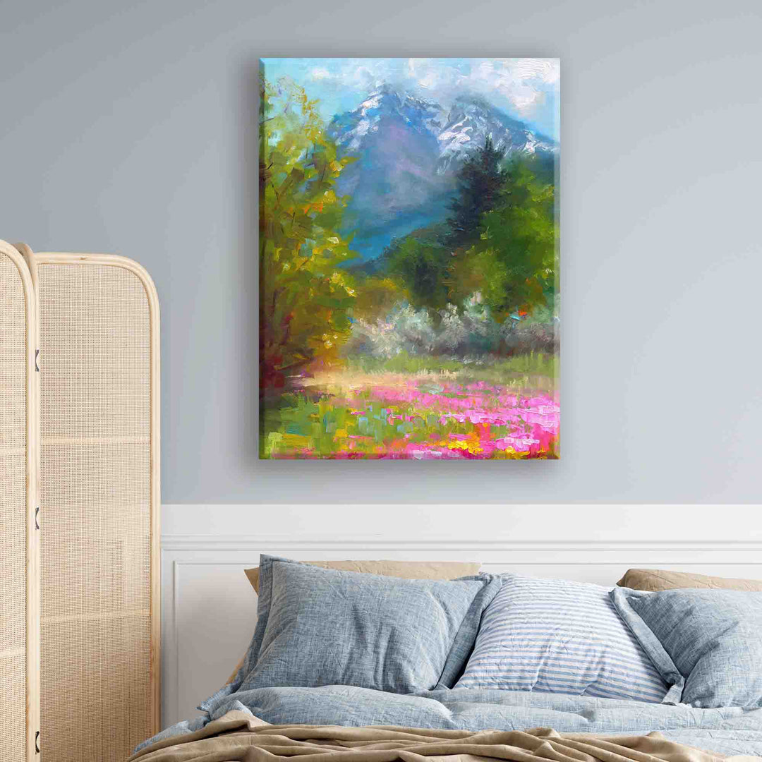 Large Canvas Wall art of Alaskan landscape wildflower field in front of Pioneer Peak, original painted by contemporary impressionist Talya Johnson hanging on bedroom interior wall.