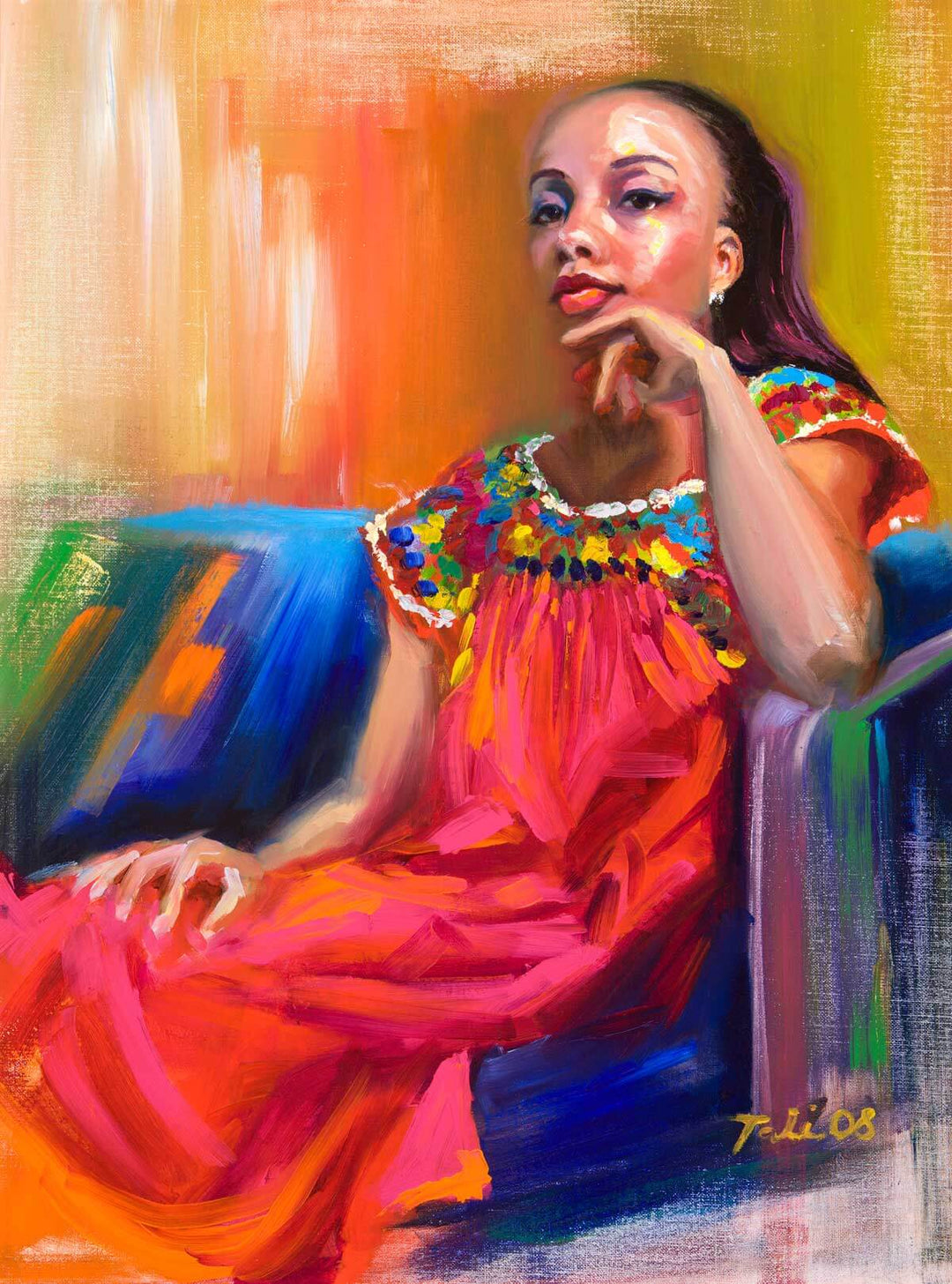 Original impressionistic oil painting portrait of a young black woman in a traditional Mexican red dress painted by talya johnson