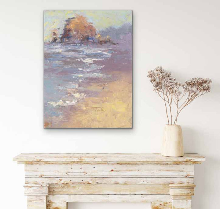 Cannon Beach painting by Talya Johnson  hanging in interior wall with rustic home decor accessories.