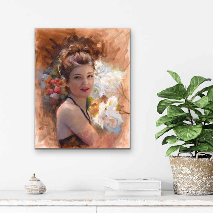 Impressionist portrait oil painting of beautiful young woman in rose garden by Talya Johnson hanging in interior wall