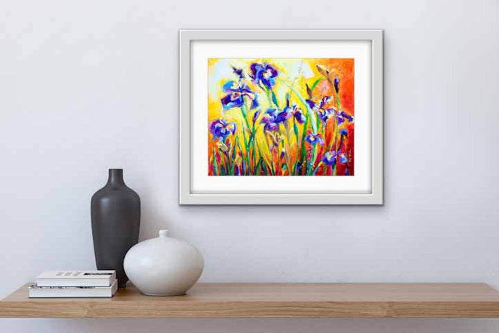 16x20 Blue Iris impressionist painting by Talya Johnson  art print  with white mat and white frame hanging on interior wall 