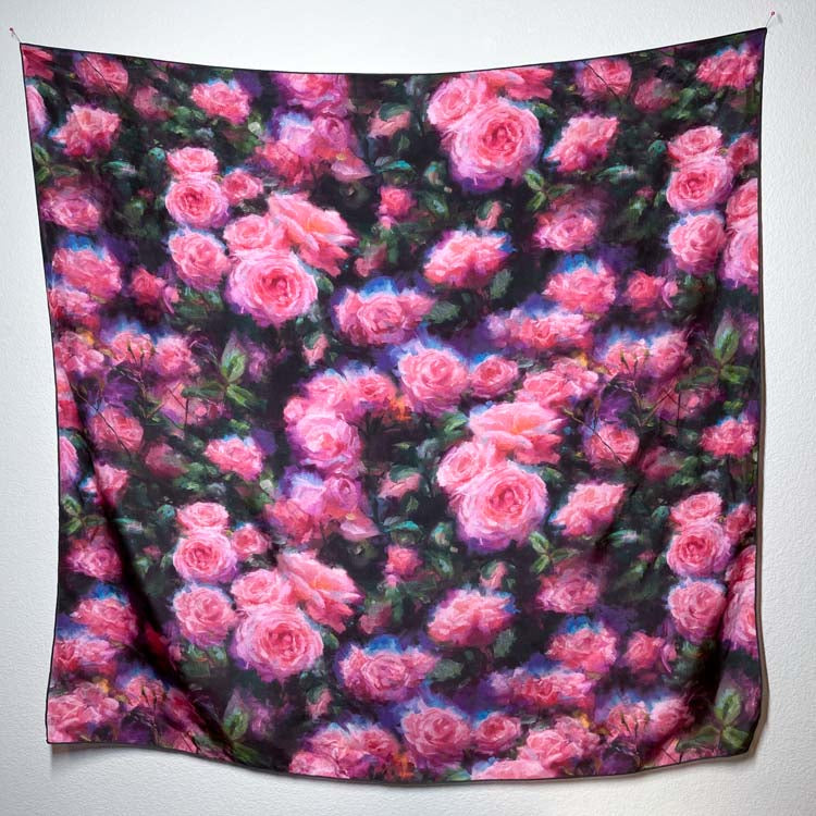 Painterly colorful pink impressionist roses floral pattern on 36 by 36 inches Satin Charmeuse square scarf