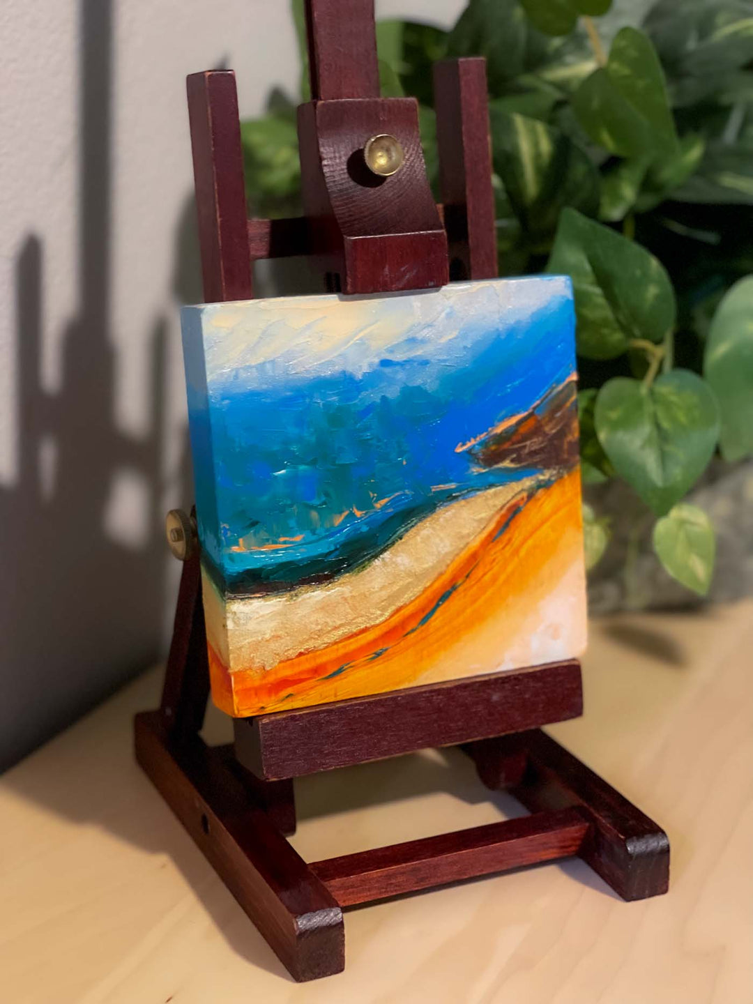River Shore Original Miniature Painting Abstract Landscape Oil Textured with Palette Knife Inspired by Columbia River on easel