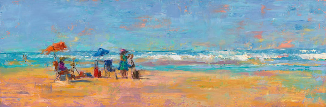 Impressionist palette knife oil painting of plein air painters painting on beach. Panoramic landscape artwork using colorful blue, pink, orange and yellow.