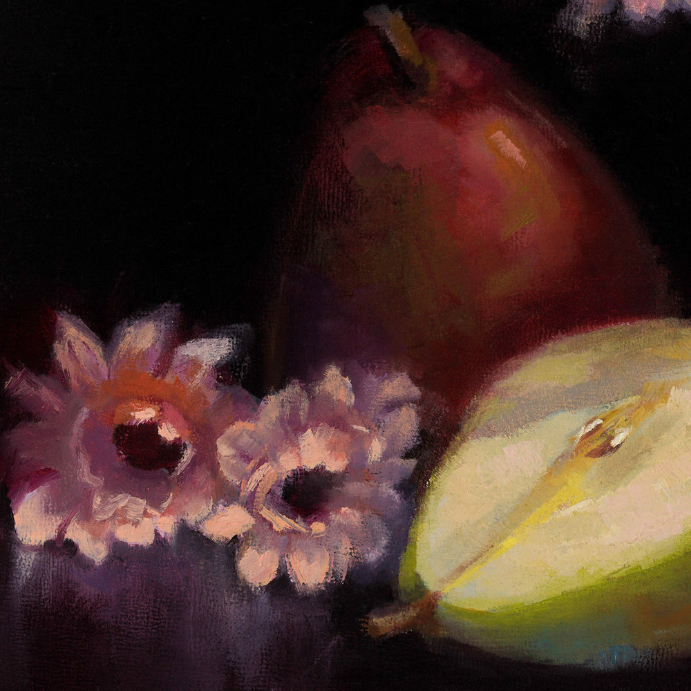 Detail Photo of Still Life with Pears and Pink Flowers, an Original Oil Painting for Dark Academia Decor by Talya Johnson