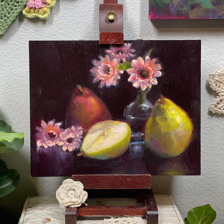 Photo of Still Life with Pears and Pink Flowers | An Original Oil Painting | Fine Art Wall Decor | Dark Academia Decor Maximalism Wall Art | by Talya Johnson