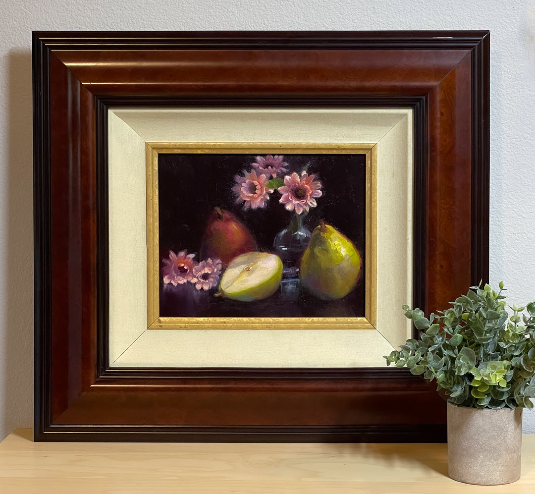 Photo of Still Life with Pears and Pink Flowers | An Original Oil Painting | Fine Art Wall Decor | Dark Academia Decor Maximalism Wall Art | by Talya Johnson