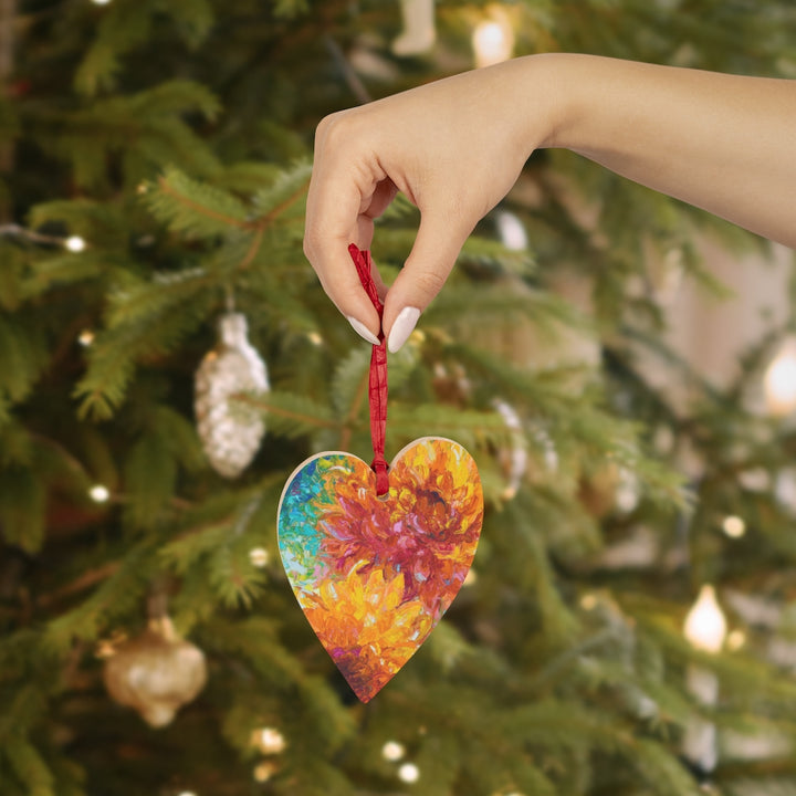 Passion - Orange Dahlias - Wooden Heart Christmas Ornaments by Talya Johnson