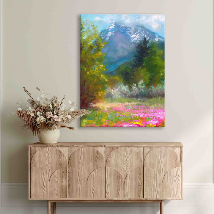 Large Canvas Wall art of Alaskan landscape wildflower field in front of Pioneer Peak, original painted by contemporary impressionist Talya Johnson hanging on entryway interior wall.