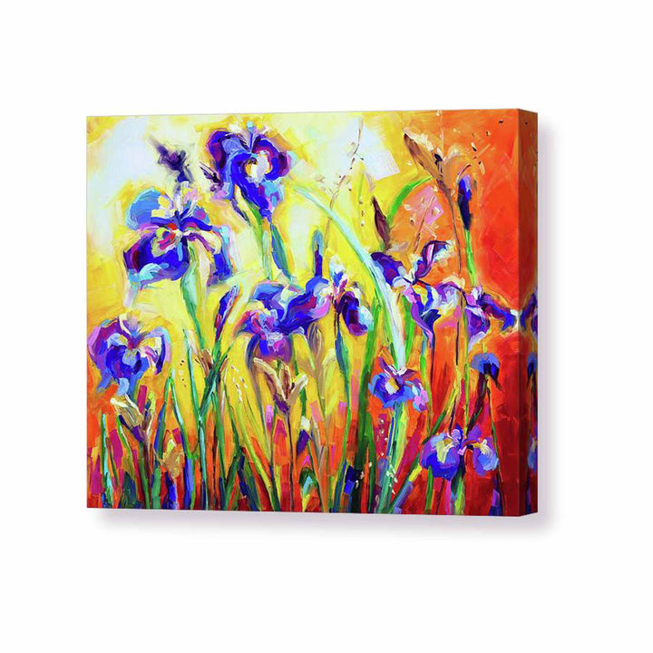 Alpha and Omega: A custom canvas print of a field of bright blue irises painted against a sunny abstract background in the impressionist style by Talya Johnson with mirror gallery wrap sides.