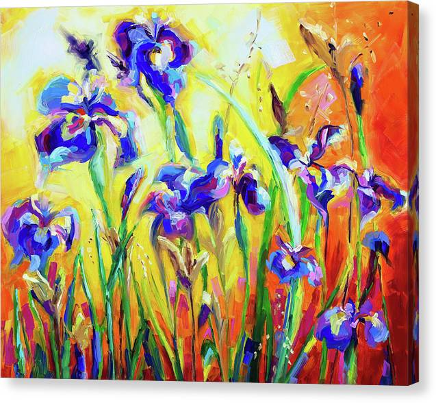Alpha and Omega: A custom canvas print of a field of bright blue irises painted against a sunny abstract background in the impressionist style by Talya Johnson with mirror gallery wrap sides.