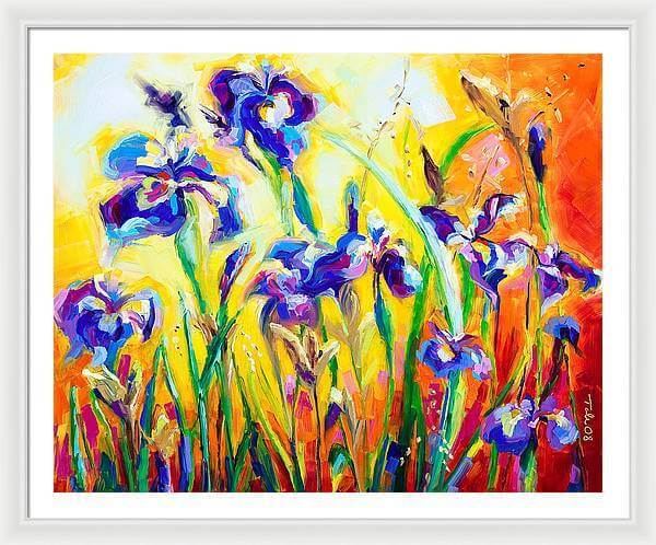 Alpha and Omega - Framed Print:   Blue Iris impressionist painting by Talya Johnson  art print  with white mat and white frame .