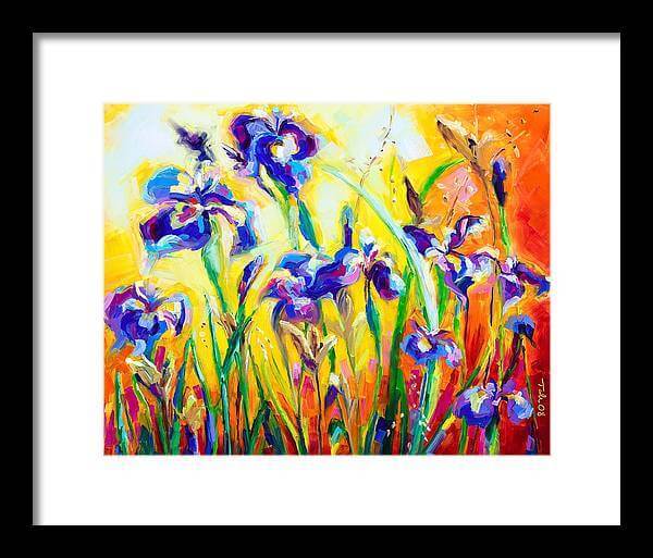 Alpha and Omega - Fine Art print of blue irises against a colorful abstract background, framed in black with a white mat.