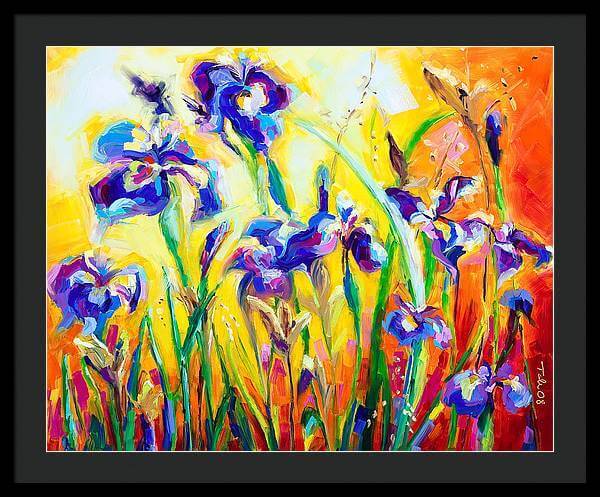 Alpha and Omega - Framed Print: Blue Iris impressionist painting by Talya Johnson art print with black mat and black frame.