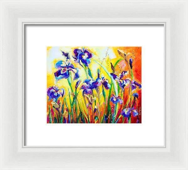 Framed Print: Alpha and Omega - Blue Iris impressionist painting by Talya Johnson  art print  with white mat and white frame 