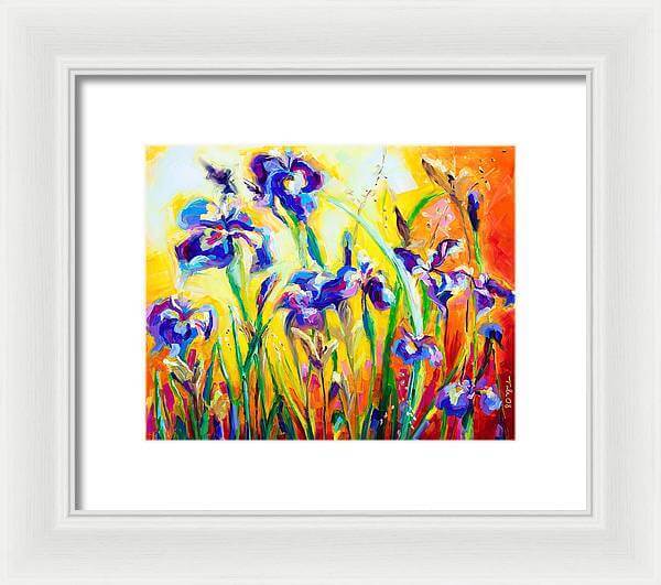 Alpha and Omega - Blue Iris impressionist painting by Talya Johnson  art print  with white mat and white frame 