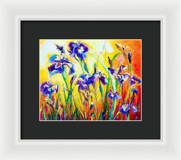Alpha and Omega - Framed Print: Blue Iris impressionist painting by Talya Johnson art print with black mat and white frame.