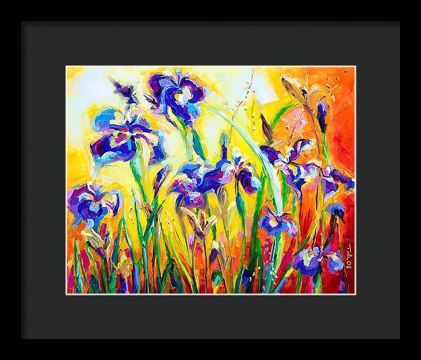Alpha and Omega - Framed Print: Blue Iris impressionist painting by Talya Johnson art print with black mat and black frame.