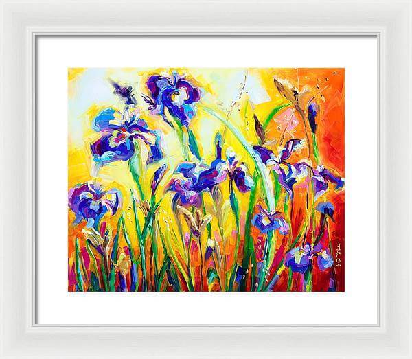 Alpha and Omega - Blue Iris impressionist painting by Talya Johnson  art print  with white mat and white frame 