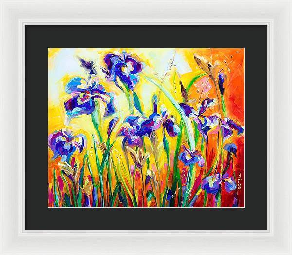 Alpha and Omega - Framed Print: Blue Iris impressionist painting by Talya Johnson art print with black mat and white frame.
