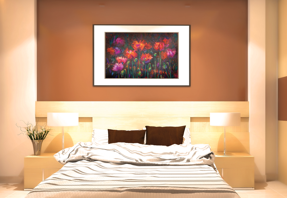 bedroom mockup of  floral Art Print featuring fiery red poppy flowers by talya johnson