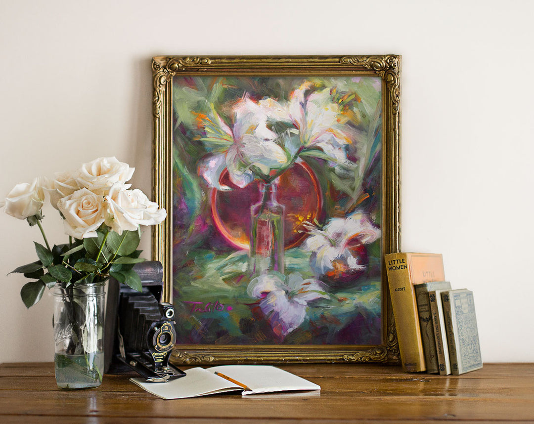 Still life painting print of Casablanca lilies with copper plate and cup by Talya Johnson in antique gold frame on a table with white roses
