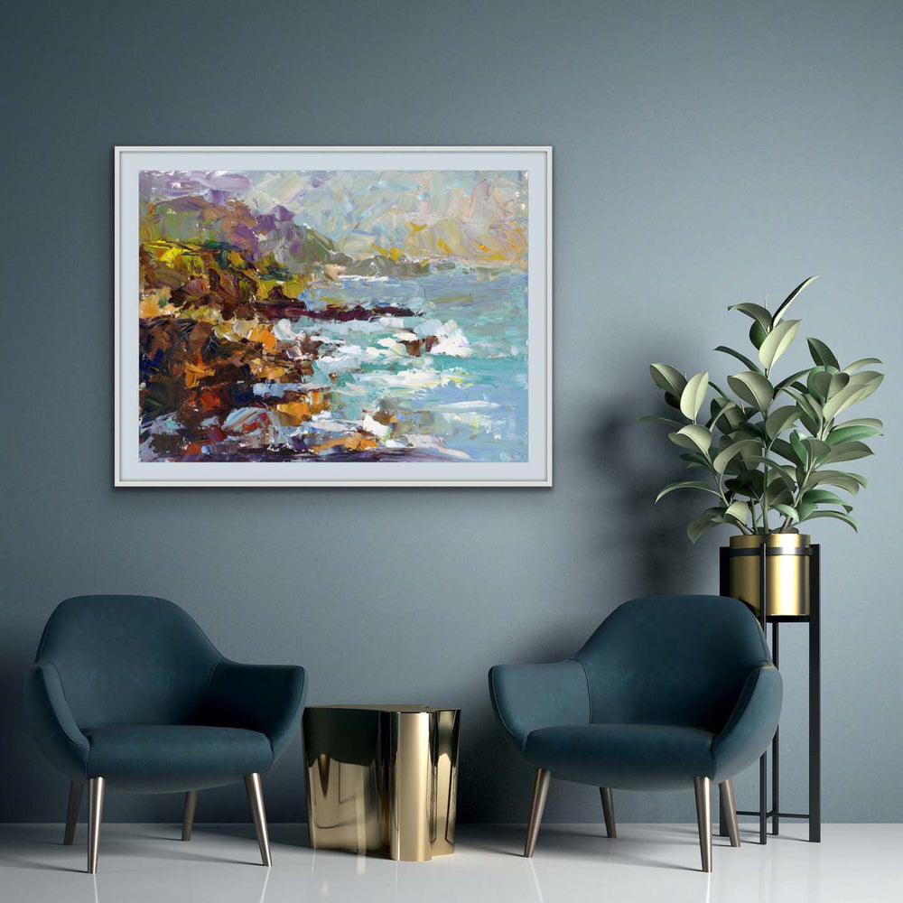 Form of My Prayer - big sur inspired palette knife oil painting by talya johnson - Art Print mockup wall art chairs plant