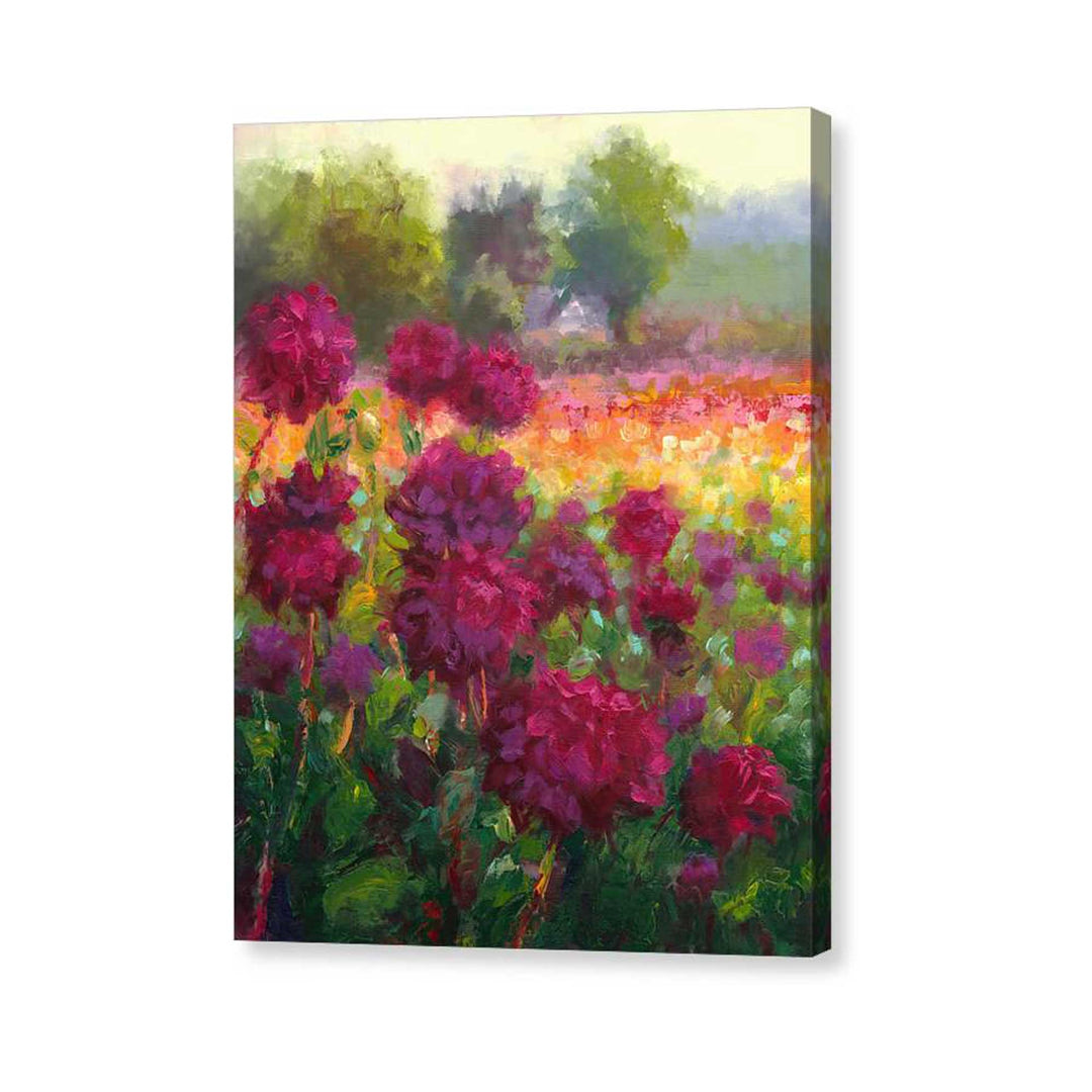 Boogie Nites - Swan Island Dahlia Painting: Canvas Print wall art of purple magenta dahlias painted against a colorful impressionist landscape with mirrored gallery wrap.