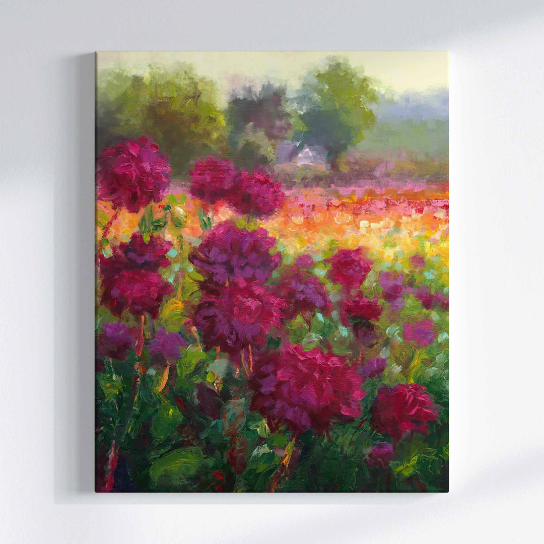 Colorful Impressionist oil painting wall art print of Boogie Nites, a purple magenta tall dahlia variety in foreground with landscape of Swan Island Dahlias, Canby Oregon in the background painted by Oregon artist Talya Johnson