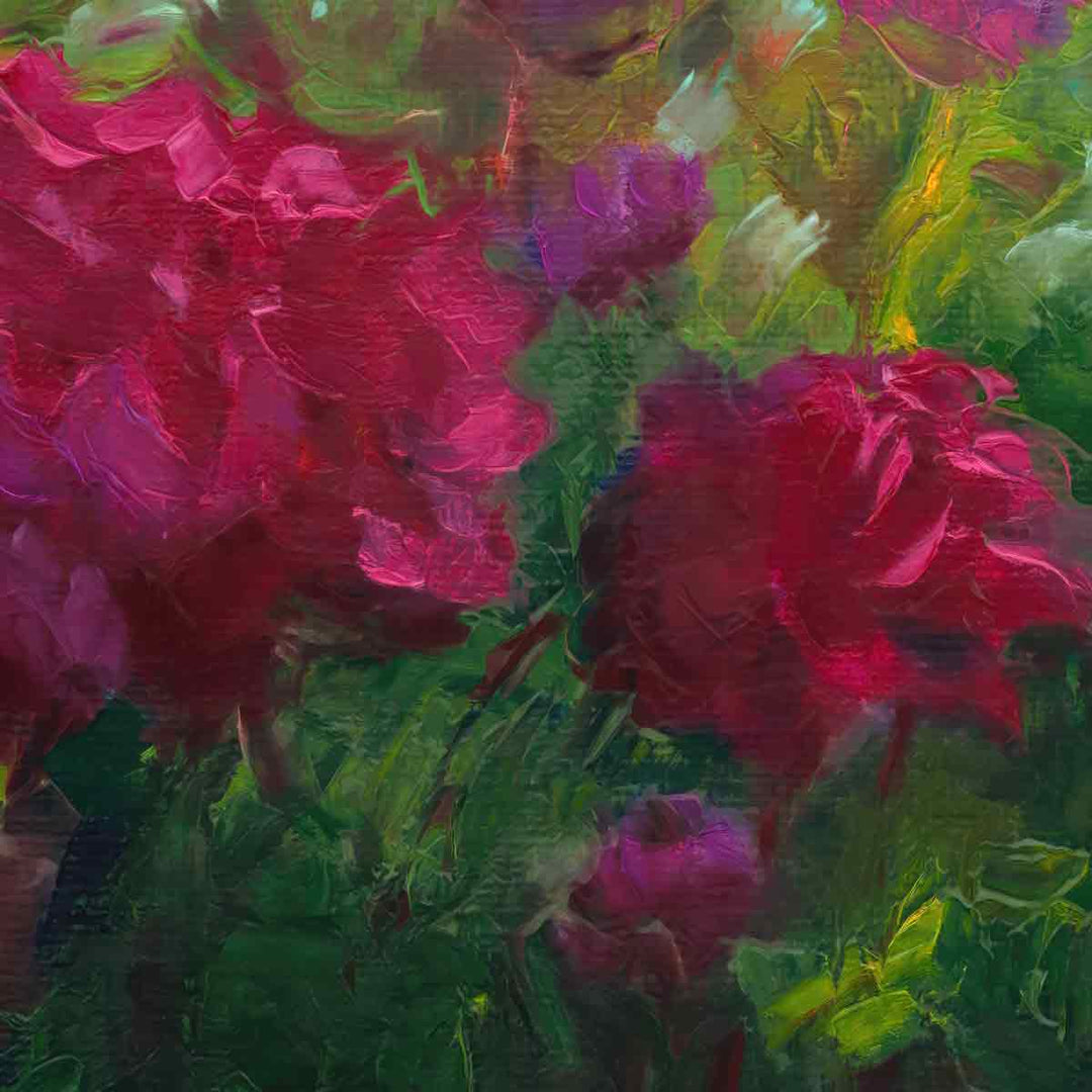 Detail of impressionist oil painting called Boogie Nite featuring dahlias by Talya Johnson.
