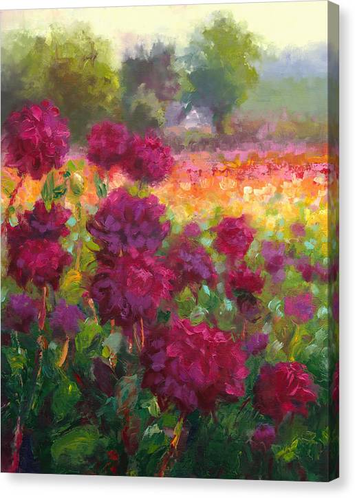 Boogie Nites - Swan Island Dahlia Painting: Canvas Print wall art of purple magenta dahlias painted against a colorful impressionist landscape with mirrored gallery wrap.