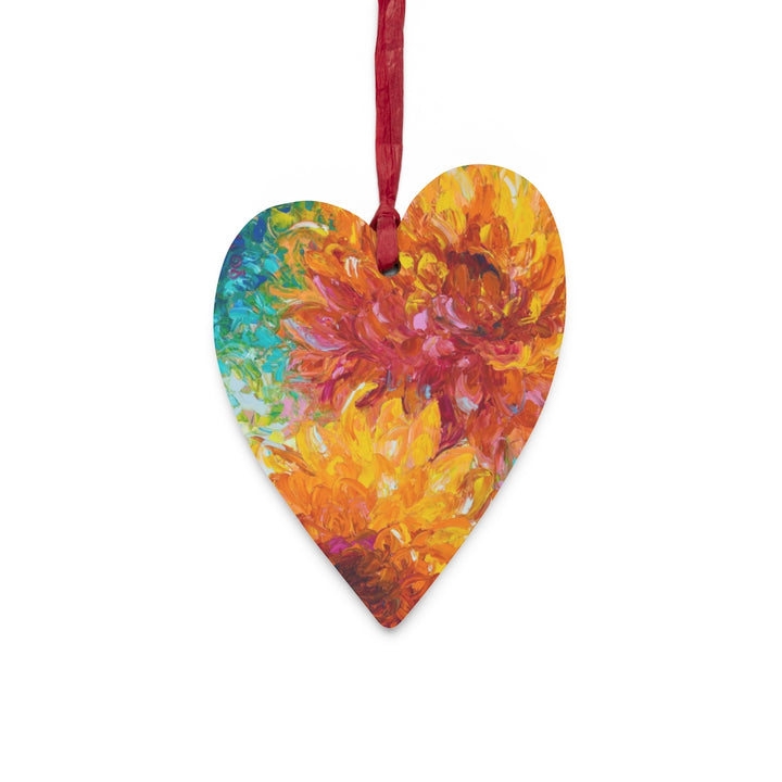 Passion - Orange Dahlias - Wooden Heart Christmas Ornaments by Talya Johnson