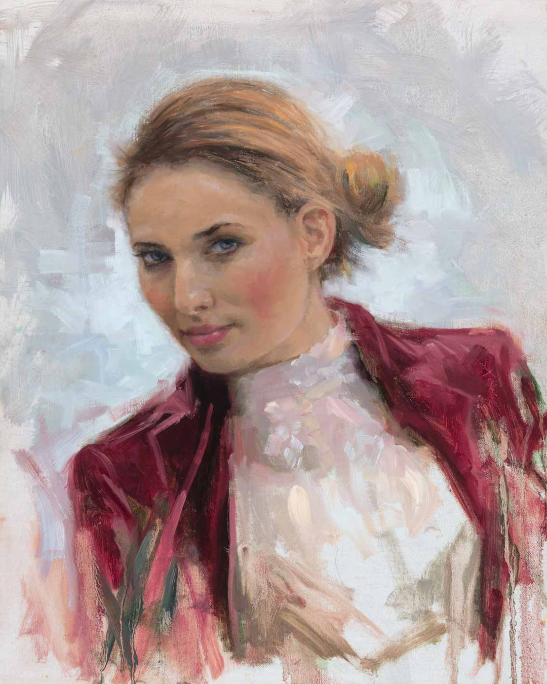 Original oil portrait painting of beautiful young woman with bling hair and blue eyes wearing vintage clothing by impressionist artist Talya Johnson