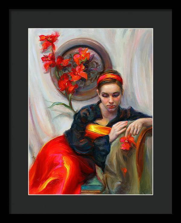 Common Threads - Divine Feminine in silk red dress - Framed Print